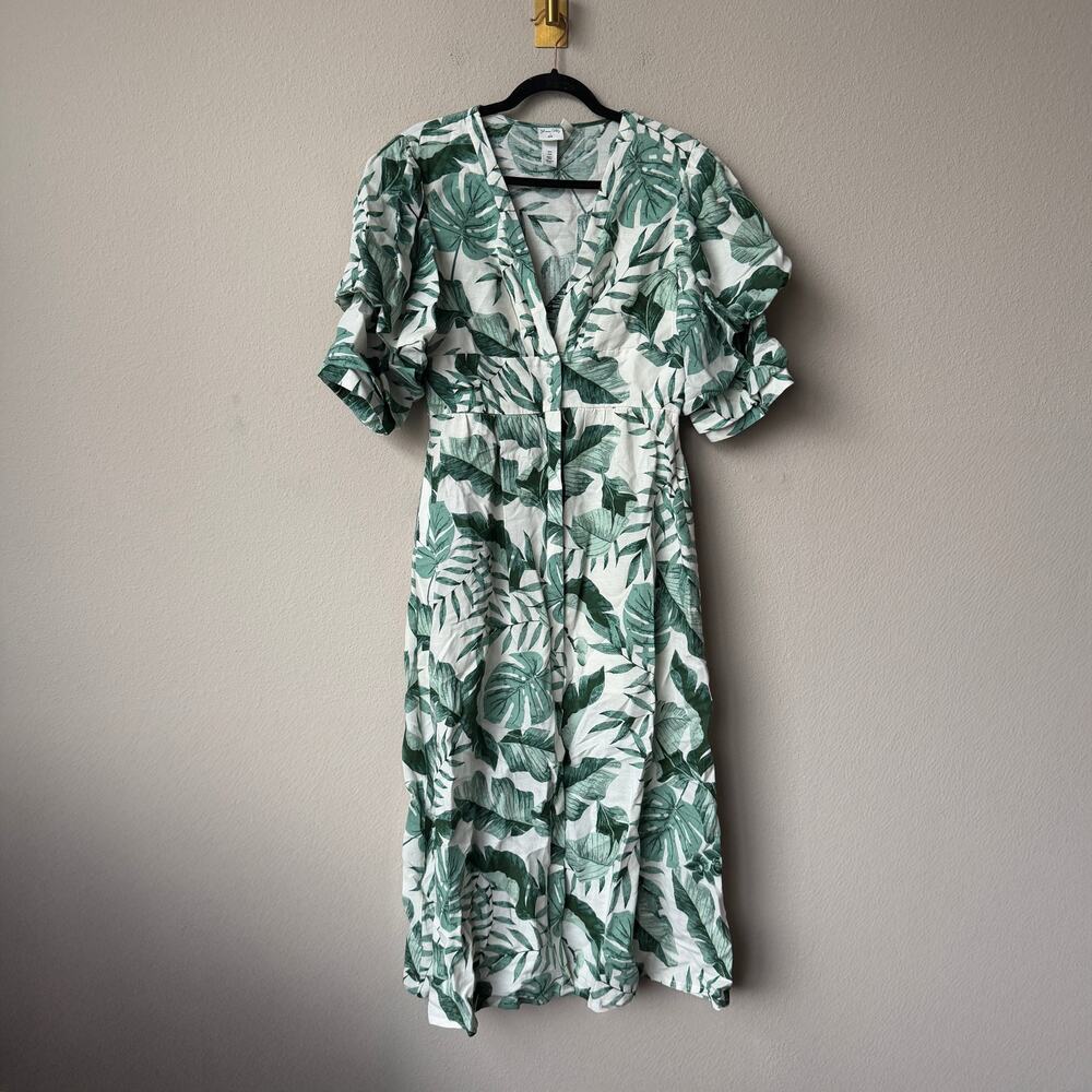 Johanna Ortiz x H&M White Green Palm Linen Blend Midi Dress Size M - Picture 2 of 6